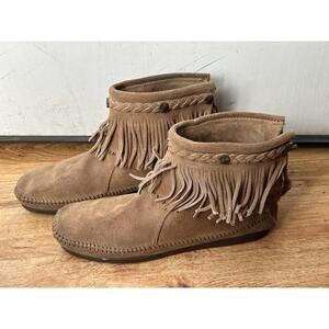 Minnetonka Moccasins Women SZ 9.5 High Top Fringe Boot Brown Suede Zip Back